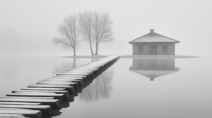 A house is on a small island in the middle of a lake