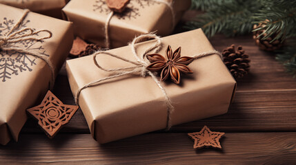 ECO Christmas gift wrapping. Close-up of beautifully wrapped Christmas gifts using sustainable materials. Brown kraft paper decorated with sprigs of fresh pine, cinnamon sticks, and twine. 