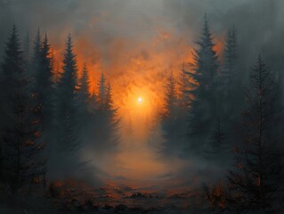 Fototapeta premium Sunset in the Forest: A Mystical Landscape Painting