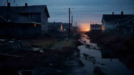 Distraction in a suburban neighborhood after a flood, broken houses, ruins,