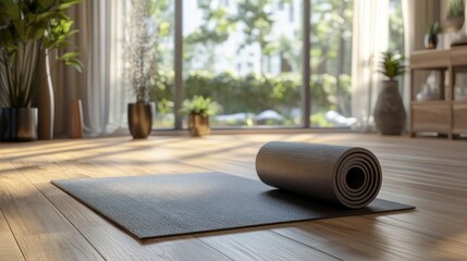 Rolled Yoga Mat on Hardwood Floor in a Sunlit Room