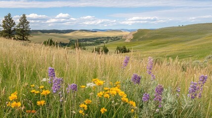 Obraz premium Scenic Meadow with Wildflowers and Rolling Hills