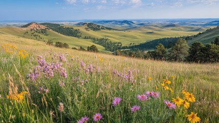 Obraz premium Vibrant Wildflowers on a Rolling Meadow Landscape
