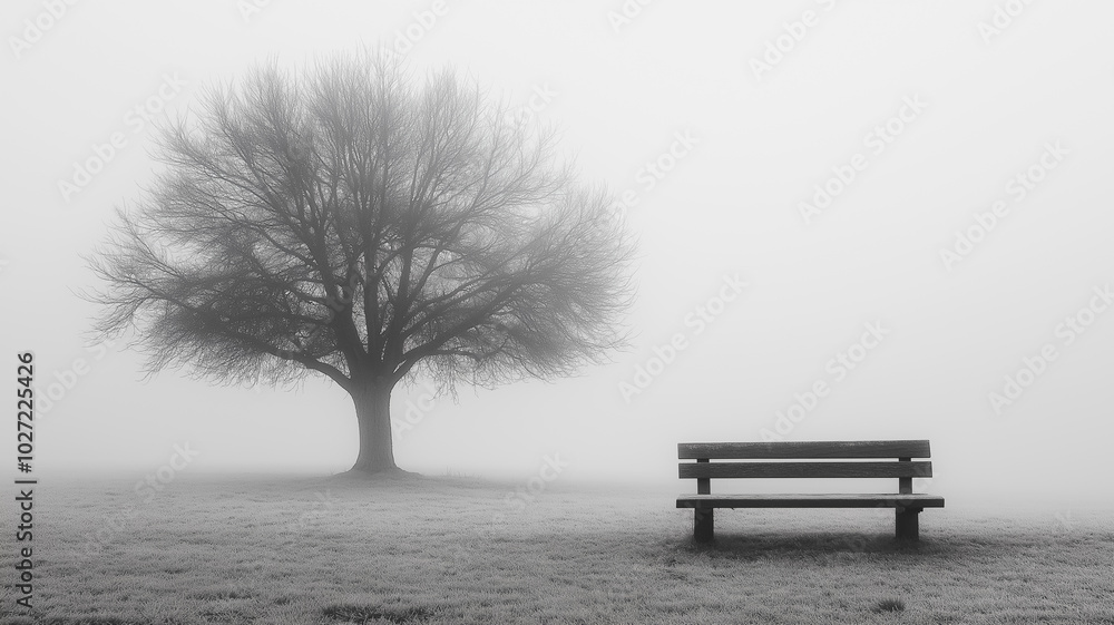 Poster a bench sits in front of a tree in a foggy field