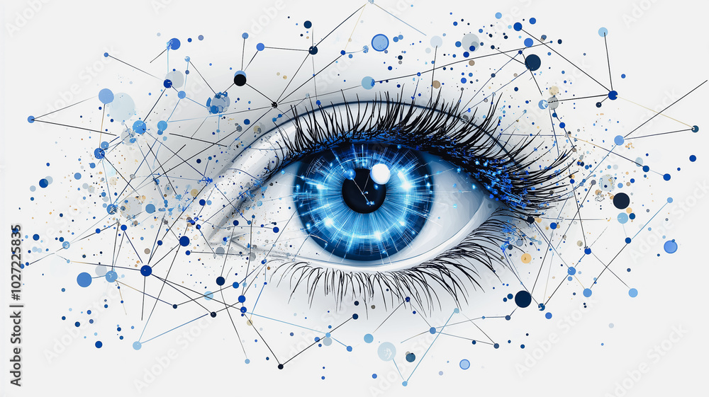 Poster a blue eye with a black pupil is surrounded by a pattern of dots. the eye is the main focus of the i