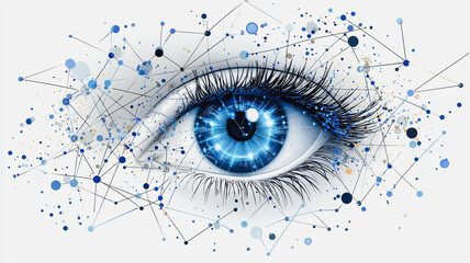 A blue eye with a black pupil is surrounded by a pattern of dots. The eye is the main focus of the image, and the dots create a sense of depth and texture