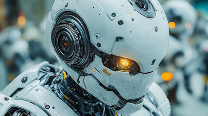 A robot with yellow eyes and a white helmet. The robot is surrounded by other robots. The robot with yellow eyes is the main focus of the image
