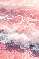 Obraz premium Pink white beach with waves, retro photography with sunset light, summer poster