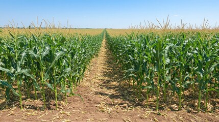 Naklejka premium Lush Green Cornfield Under Bright Blue Sky