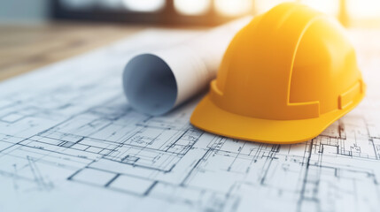 Close-up of a yellow hard hat resting on blueprints, symbolizing construction, planning, and safety in engineering projects.