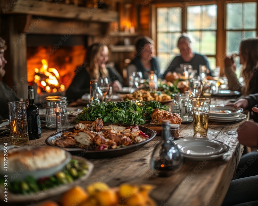 Wall mural Family gathered around a table enjoying a meal with a fireplace in the background.