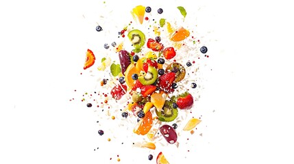 A vibrant burst of fruit salad ingredients flying into the air, with fresh colors against a solid white background