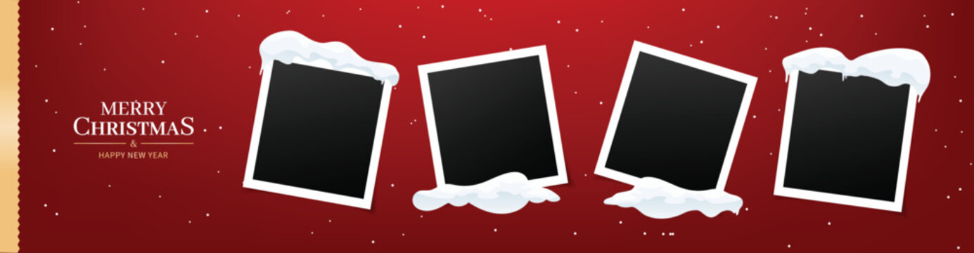 Merry Christmas horizontal banner with 4 instant vintage photo frames. Falling snow on red background. Banner template, golden text Merry Christmas and Happy New Year. White snowdrifts, snow caps.