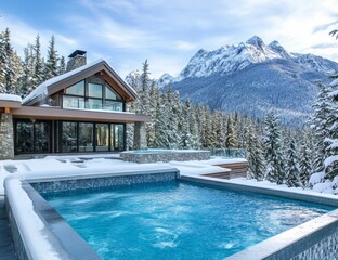 Modern home with a swimming pool and a view of snow-capped mountains.