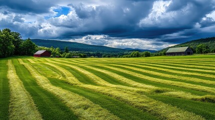 Serene Countryside with Cloudy Sky and Green Fields