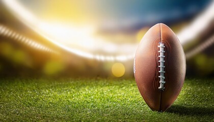 Sunlit Football Resting on Vibrant Green Grass at Sunrise. Symbol of Game Day Anticipation, Strategic Preparation, and the Intensity of Competition in American Football