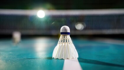 Close-up of a Badminton Shuttlecock on Court Surface with Net in Background, Capturing the Essence of Sportsmanship, Precision, and Focus in Competitive Play