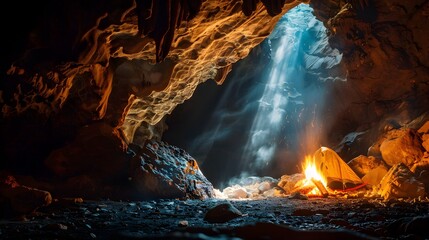 Campfire Illuminating the Entrance of a Dark Cave Explorers Venturing into the Unknown