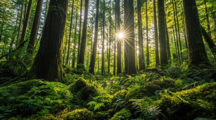 Fototapeta premium Sunlight Through Trees in Lush Green Forest