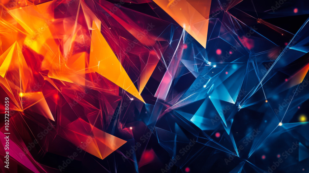 Poster colorful abstract digital design featuring orange, blue, and purple geometric shapes with sharp angl