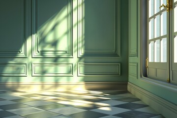 Fototapeta premium Sunlit vintage room with green walls and checkered floor tiles.