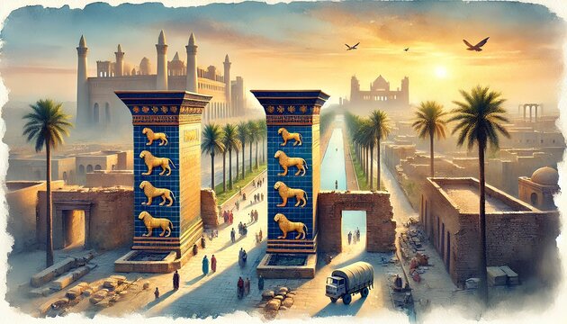 A watercolor painting of ancient Babylon, featuring the Ishtar Gate, Hanging Gardens, and serene natural elements.