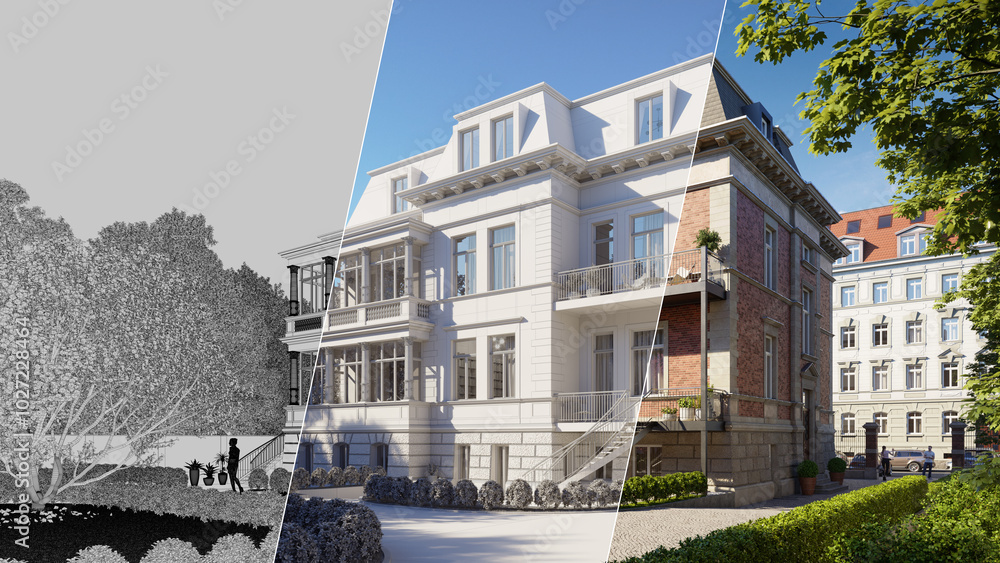 Aufkleber luxury city villa. 3d renderings. layers of renderings. clay rendering. work in progress.