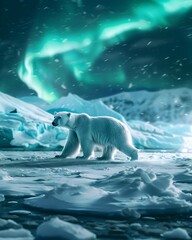 Fototapeta premium Polar Bear Crossing Frozen Landscape Under Mesmerizing Northern Lights