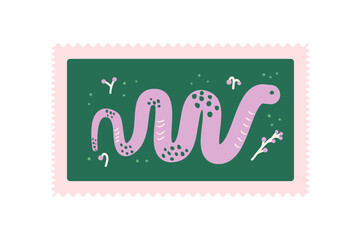 Stamp with crawling snake. Reptile animal sticker. Vector hand drawn illustration