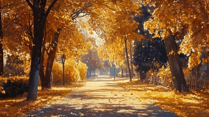 Fototapeta premium A painting of a path through a park with trees and leaves on the ground