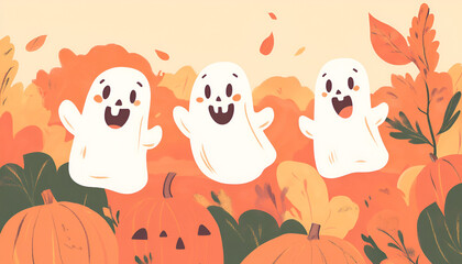 Three happy cartoon ghosts floating above autumn leaves and pumpkins, creating a festive and playful Halloween atmosphere