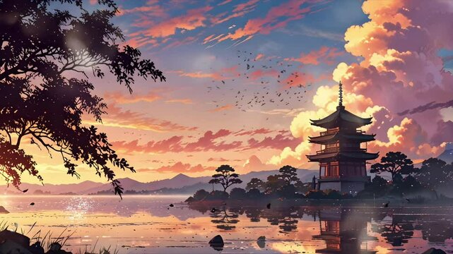 A temple by the lake at sunset. Seamless 4K looping timelapse video animation background