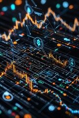 Fototapeta premium Abstract patterns of interconnected financial symbols and glowing lines, flowing toward future growth