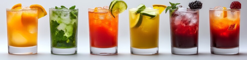 Six refreshing drinks with ice in glasses garnished with fruits and mint.