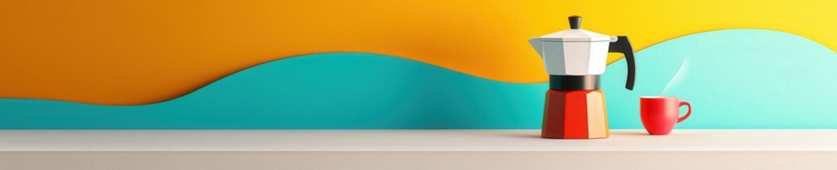 Abstract representation of a Moka Pot with geometric lines and colorful shapes