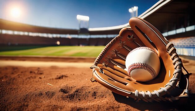 Classic Baseball Moment. Close-up of a Baseball Resting in a Leather Glove on a Sunlit Field. Perfect for Sports Blogs, Team Promotions, and Athletic Advertisements