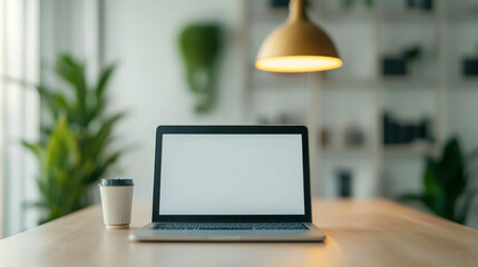 Fototapeta premium Modern workspace with laptop and coffee cup, perfect for productivity and inspiration in a cozy environment.