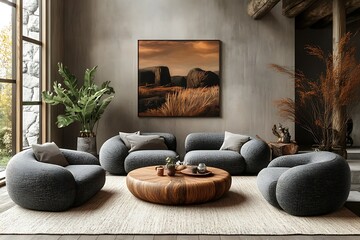 Cozy living room with modern furniture and art.