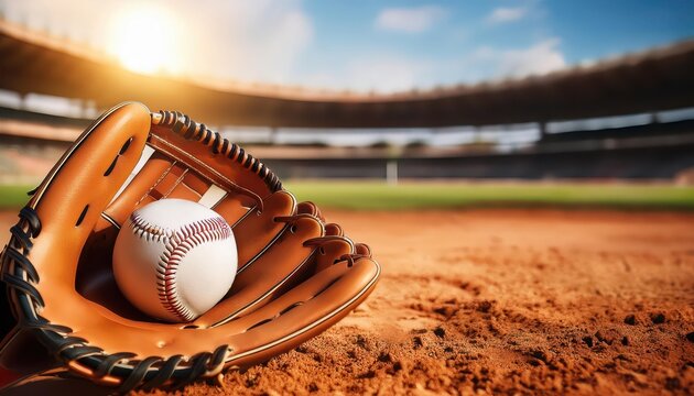 Classic Baseball Moment. Close-up of a Baseball Resting in a Leather Glove on a Sunlit Field. Perfect for Sports Blogs, Team Promotions, and Athletic Advertisements - Powered by Adobe