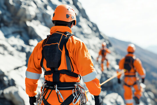Mountain climbers in bright orange gear navigate rocky terrain while ensuring safety with climbing equipment and ropes.
