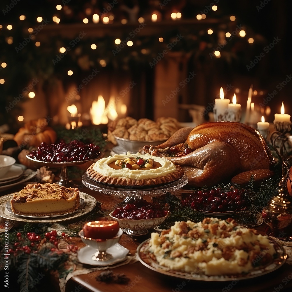 Poster Festive Thanksgiving dinner table setting with roasted turkey, pie, and side dishes.