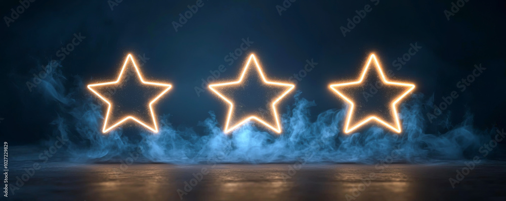 Poster three glowing stars in a dark, smoky atmosphere, creating a mystical and enchanting visual effect fo