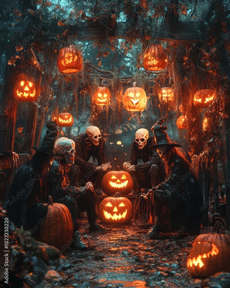 Poster Five costumed figures gather around glowing jack-o'-lanterns in a misty forest.