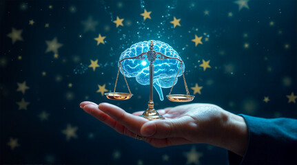 AI brain with balance scales and EU stars representing justice and EU AI Act