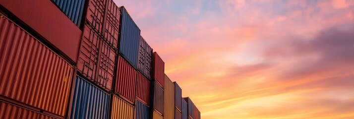 Fototapeta premium A row of vibrant, colorful shipping containers stacked against a serene sunset sky, representing global trade, industry, and the beauty of international transport.