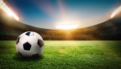 Soccer Ball on Green Field at Sunset. Perfect for Sports Event Promotions, Soccer Training Visuals, Game Day Campaigns, or Athletic Fitness Concepts in Vibrant, Professional Sports Arenas