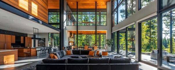 Contemporary luxury home with large windows, wood accents, and a black and white color palette Modern living redefined
