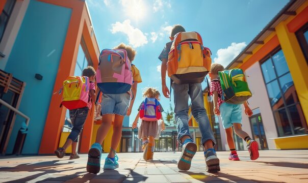 A group of children, each wearing colorful backpacks, is seen running excitedly towards a school building. The image captures the spirit of childhood, playfulness, and eagerness