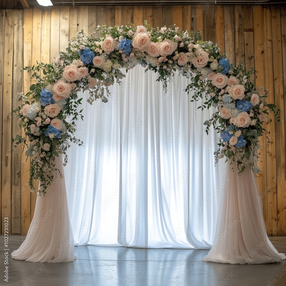 Canvas Prints Floral arch with white drapes and rustic wooden wall background.