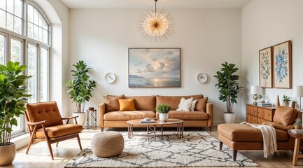 Fototapeta premium Elegant living room interior with neutral shades and modern furniture, cozy atmosphere